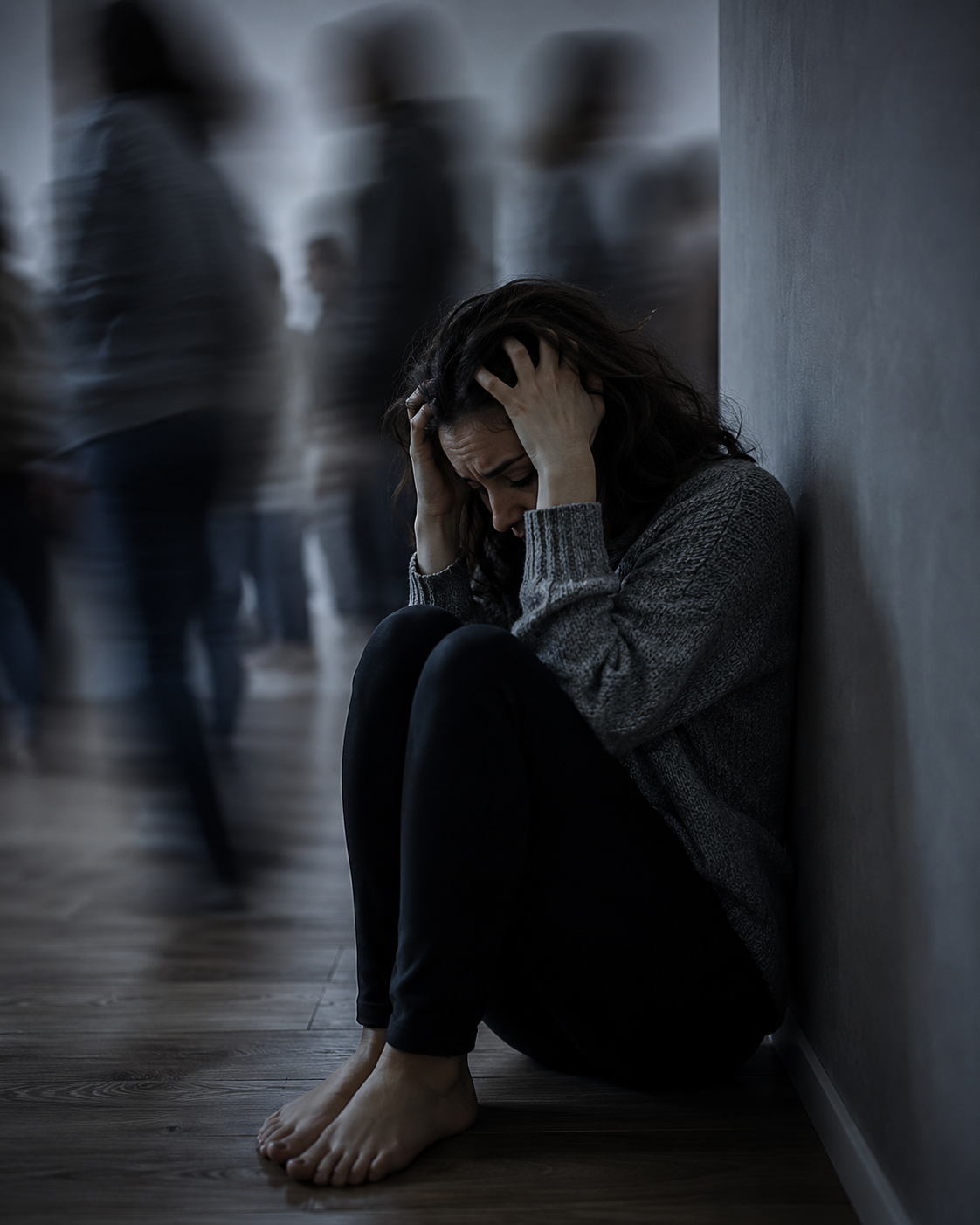 Persona desbordada por la ansiedad, atrapada en pensamientos y tensión constante